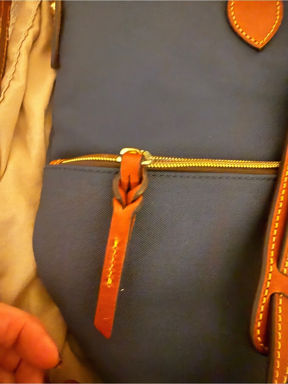 Blue Women's Tote Bag with Brown Trim - Picture 3 of 11